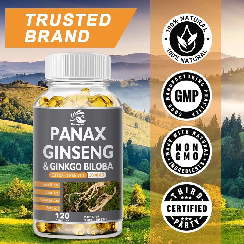 Panax Ginseng & Ginkgo Biloba-Kapseln für Energie-Stiamina und Gehirnentheugen mit Ashwagandha