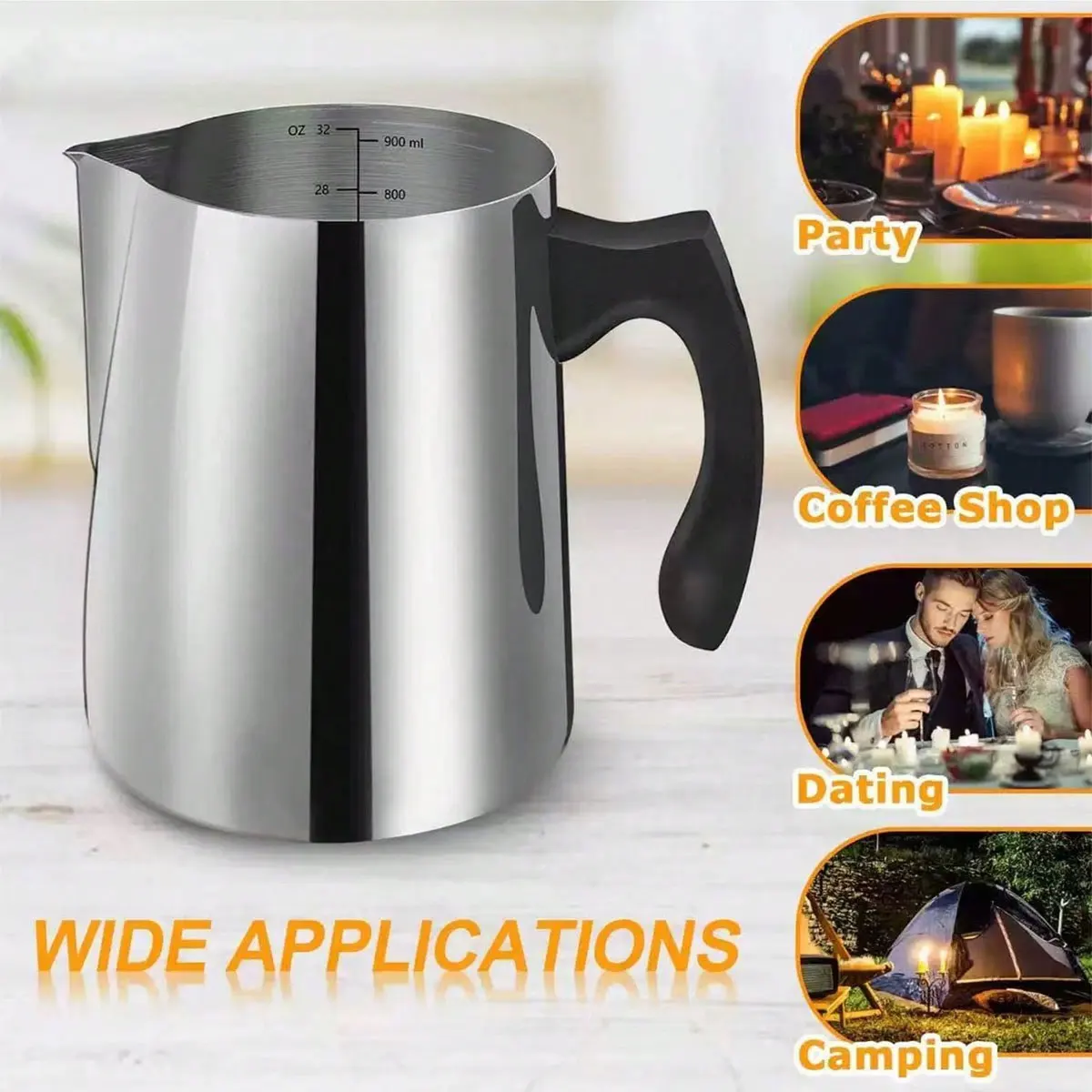 304 Stainless Steel Coffee Latte Art Pitcher with Scale, Commercial Milk Frothing Pitcher with Pointed Spout and Insulated Handle, 1 Piece