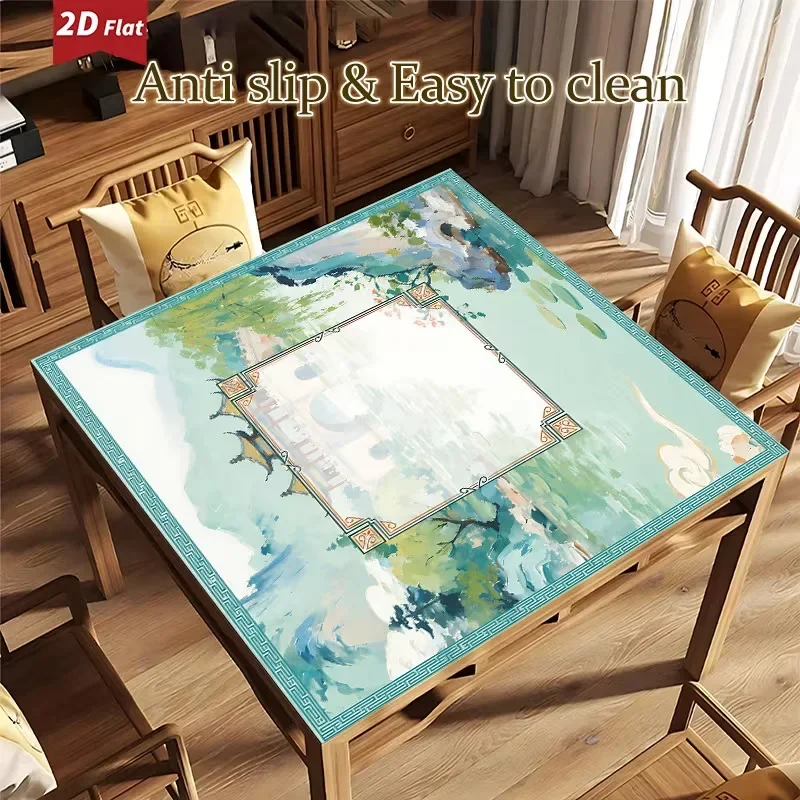 Chinese Style Crystal Velvet Mahjong Table Mat Anti‑Slip Silicone Base Square Game Table Pad for Poker Board Game Desk Decor Mat
