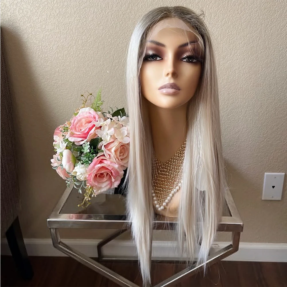 24'' Lace Front Synthetic Wig Platinum Blonde Ombre Straight Wig 10% Human Hair Lace Front Wig Heat Resistant FIber Daily Wear