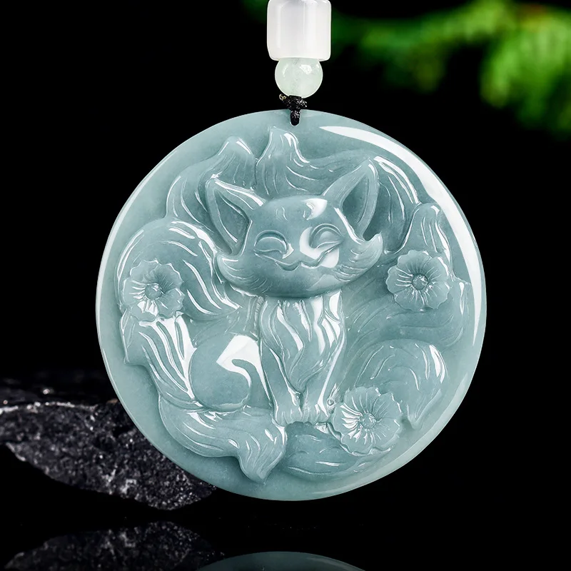 หยกธรรมชาติแท้สีฟ้าน้ําแกะสลัก Fox Fairy Nine-tailed Fox จี้ Jadeite สร้อยคอจี้แฟชั่นผู้หญิง Amulet ของขวัญ