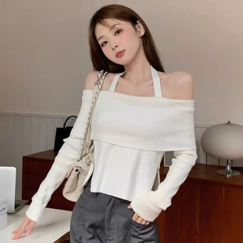 Gagaok Casual Halter Pull Femme Fashion Side Slit Long Sleeved Knitted Sweaters Women Early Spring Korean Style Slim Short Top