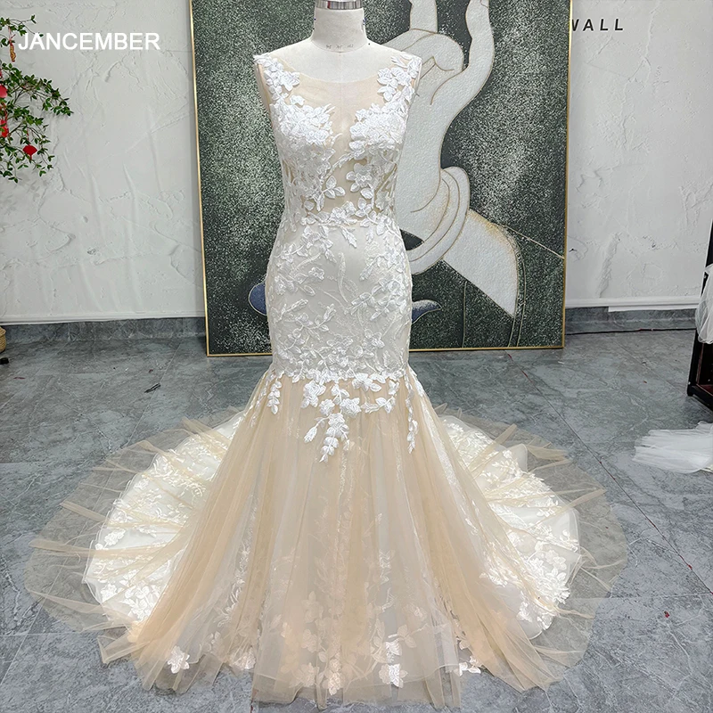 

Сексуальное свадебное платье русалки с круглым вырезом и открытой спиной, свадебное платье в стиле бохо, индивидуальное пляжное свадебное платье с длинным шлейфом и пуговицами Robe De Mariee