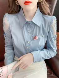 Winsleter Streetwear Lace Blouse Long Sleeve Shirts Women Sexy Turn Down Collar Embroidery Slim Tops Autumn New T38431JM