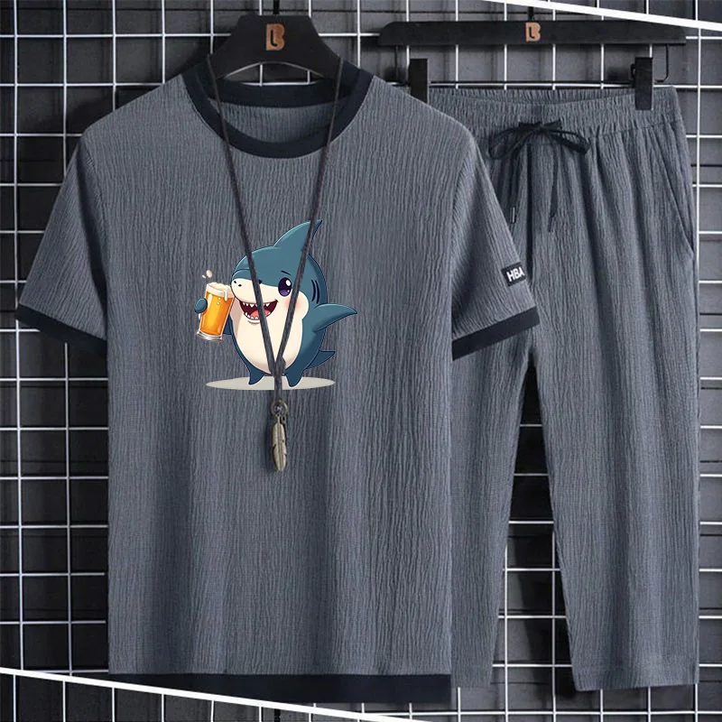 

Летний мужской повседневный комплект из ледяного шелка: футболка с коротким рукавом и длинные брюки в гонконгском стиле, универсальный студенческий комплект