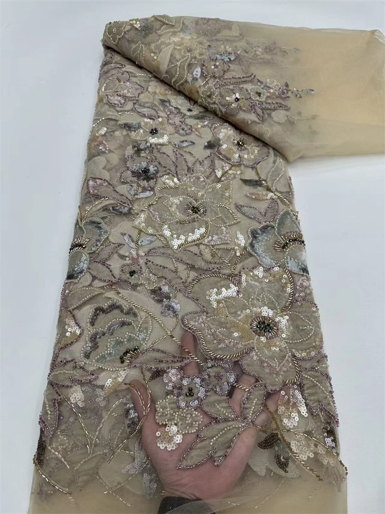 Luxury Velvet Lace Fabric 5 Yars High Quality 2025 Beaded Lace Fabric Fashion Sequin African Laces Fabric For Women