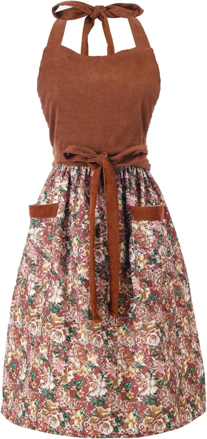 

Cute Floral Apron for Women with Pockets, Adjustable Cotton Kitchen Cooking Baking Gardening