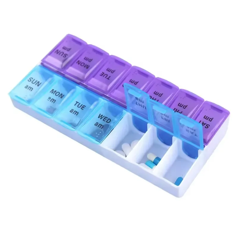 Pillendose 7-Tage-Wochen-Medikamenten-Aufbewahrungsbox Doppelreihig 14-Fächer-Tablettenspender Organizer mit Öffnungsdeckel Erste-Hilfe-Set-Behälter – Detail 8