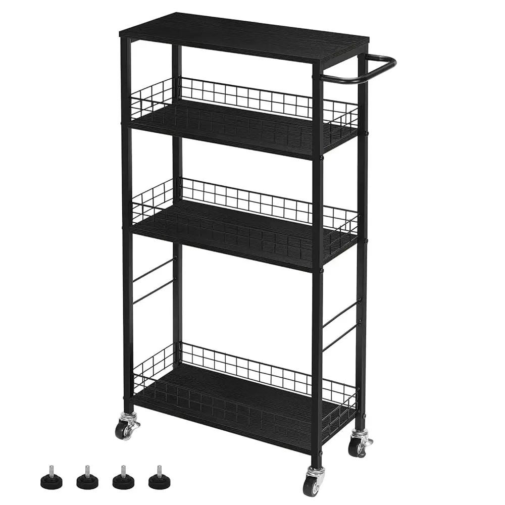 

Slim Storage Cart Kitchen Rolling Utility Cart On Wheels 4 Tier Mobile Narrow Cart With Wood And Metal Handle Slide Out Storage
