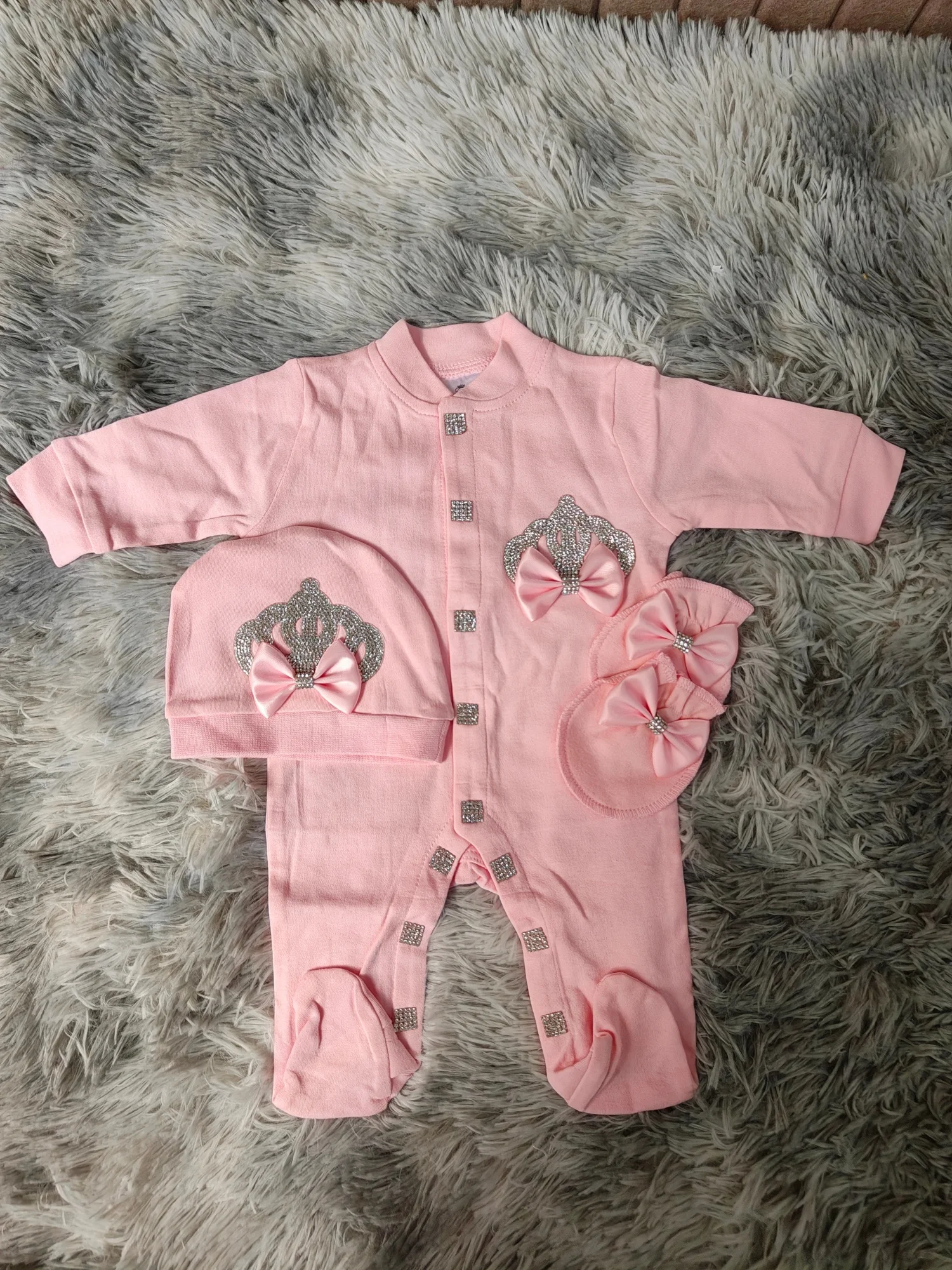 

Baby Girl Christening Baptism Baby Footed Romper Newborn 0-9 Months 3Pcs Baby Pink Princess Crown Bow Baptism Boutique Baby Gift