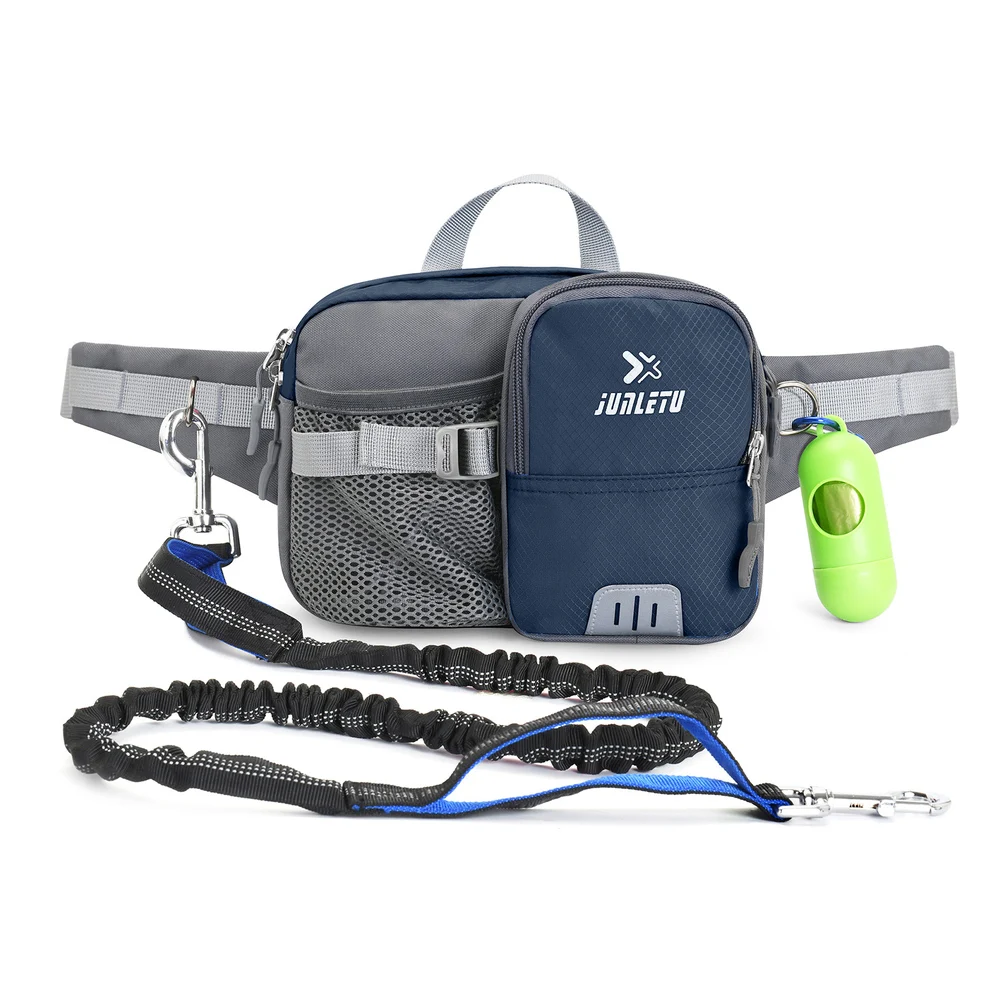 Hands Free Dog Walking Leash Set with Nylon Waist Pack Adjustable Belt and Bungee Leash Treat Phone Storage for Outdoor Walks