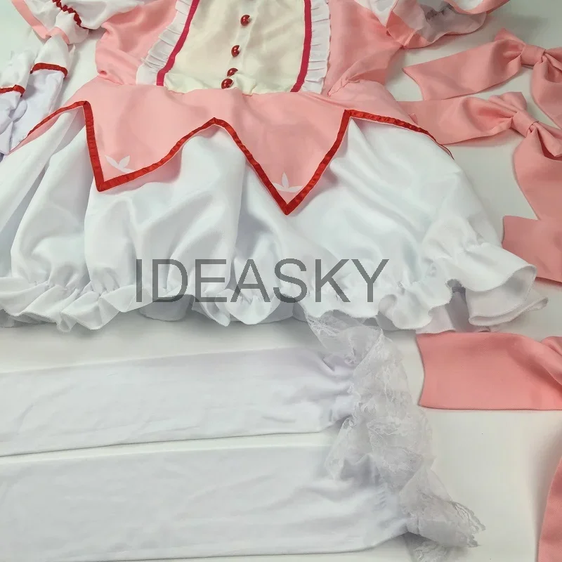 Puella Magi Madoka Magica ชุดเดรสคอสเพลย์สีแดงวิกผมเด็กผู้หญิง kaname Madoka ชุดเดรสสั้นสำหรับชุดคอสเพลย์ผู้หญิงพร้อมชุดโบนอต