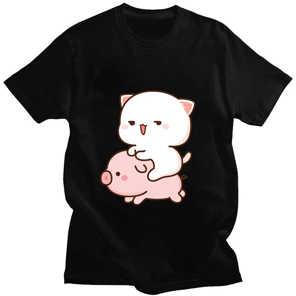 Emoticon Peach Mochi Cat Ride A Pig T-shirts WOMEN Cartoon Kawaii/Cute T Shirts 100% Cotton Tshirts Manga Graphic Appliques Full