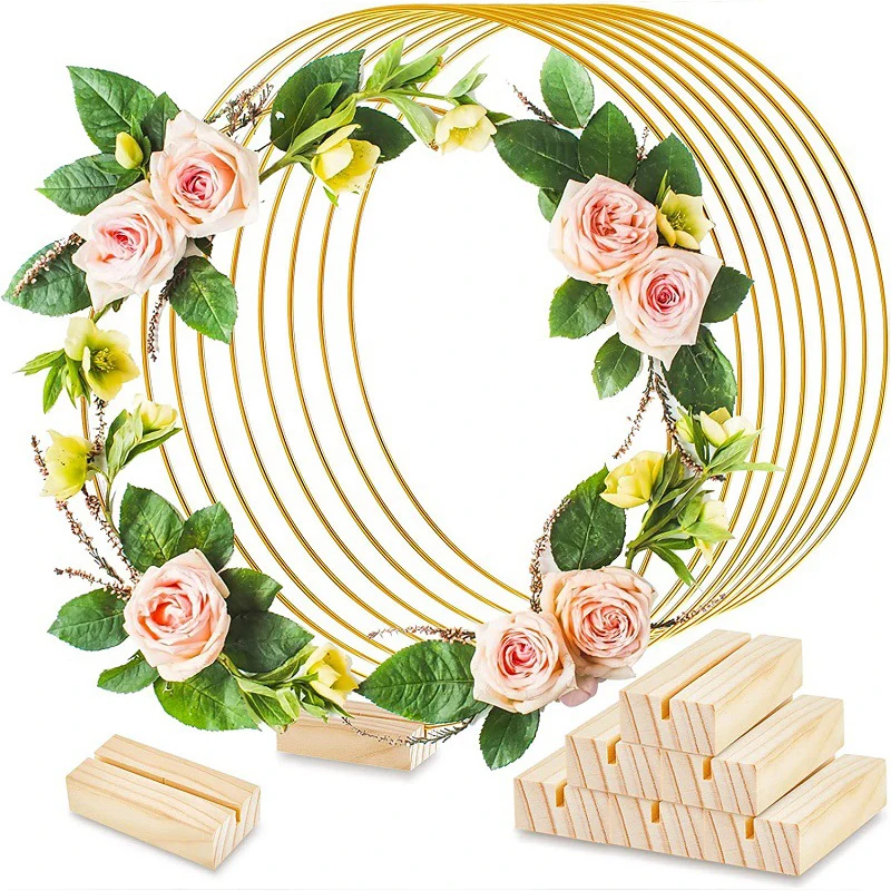 Gold Metal Floral Ring Hoop With Wooden Base For Wedding Party Table Centerpiece Decoration Artificial Garland DIY Wreath Crafts