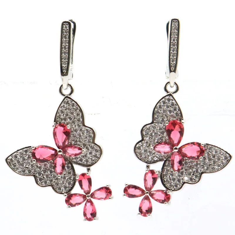 Buy 4 Get 1 Free 47x21mm Butterfly Shape Pink Raspberry Rhodolite Garnet Green Peridot White CZ Woman's Wedding Silver Earrings