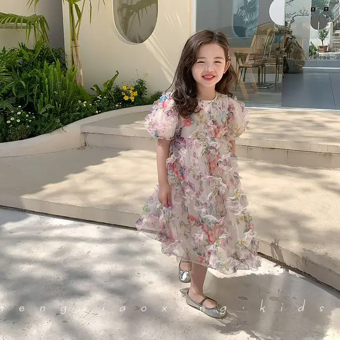 Girls Casual Dresses Three-dimensional Flower Mesh Short Sleeve Kids Dresses for Girls Chinese Traditional Dress for Girls