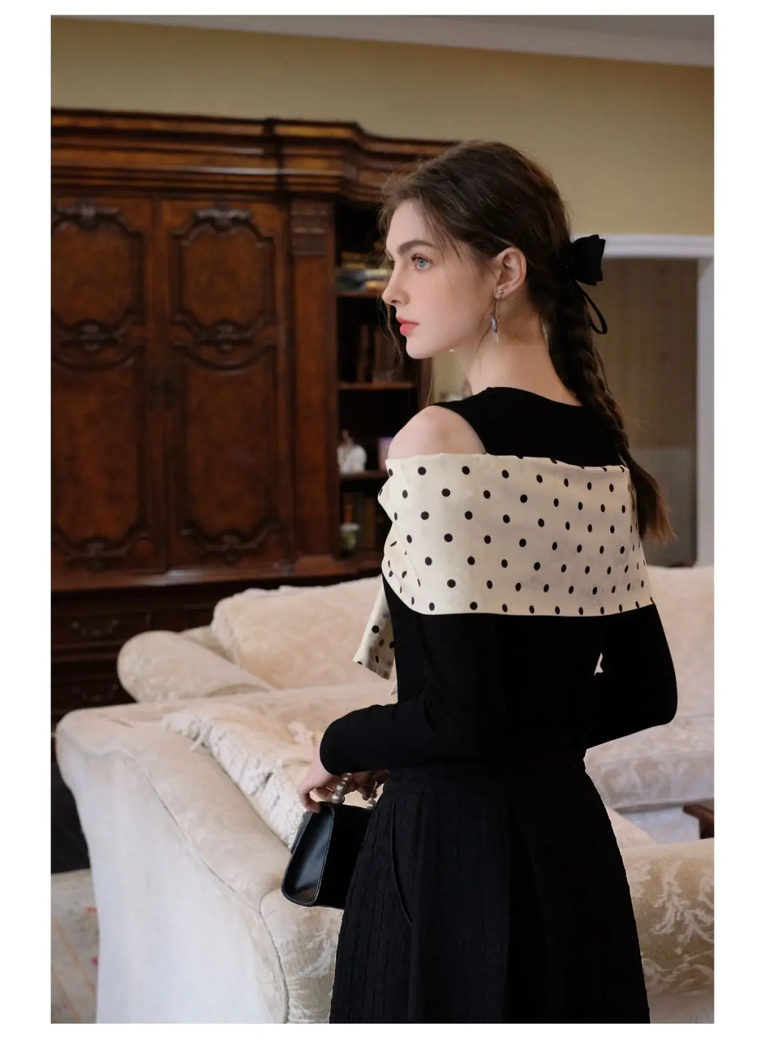 Kimotimo T Shirt Women French Retro Bow Polka Dot Patchwork Off Shoulder Long Sleeve Crop Tops 2204 Autumn Y2k Slim Tee Pullover image 3