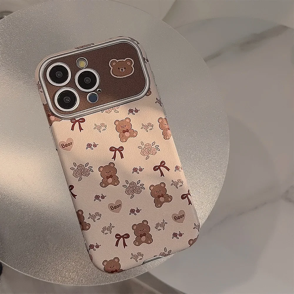 Korean Cute Cartoon Bear Flowers Leather Texture Phone Case For iPhone 17 16 15 14 13 12 11 Pro Max Shockproof Protective Cover