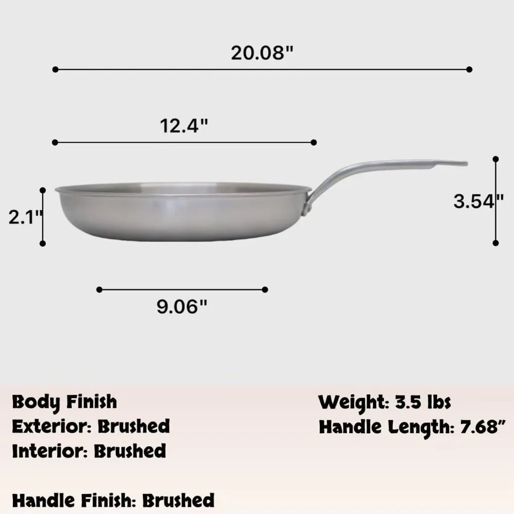 Stainless Steel 12-Inch Chef Skillet - 5-Ply Construction, Induction Compatible, Cool Handle Frying Pan for Cooking