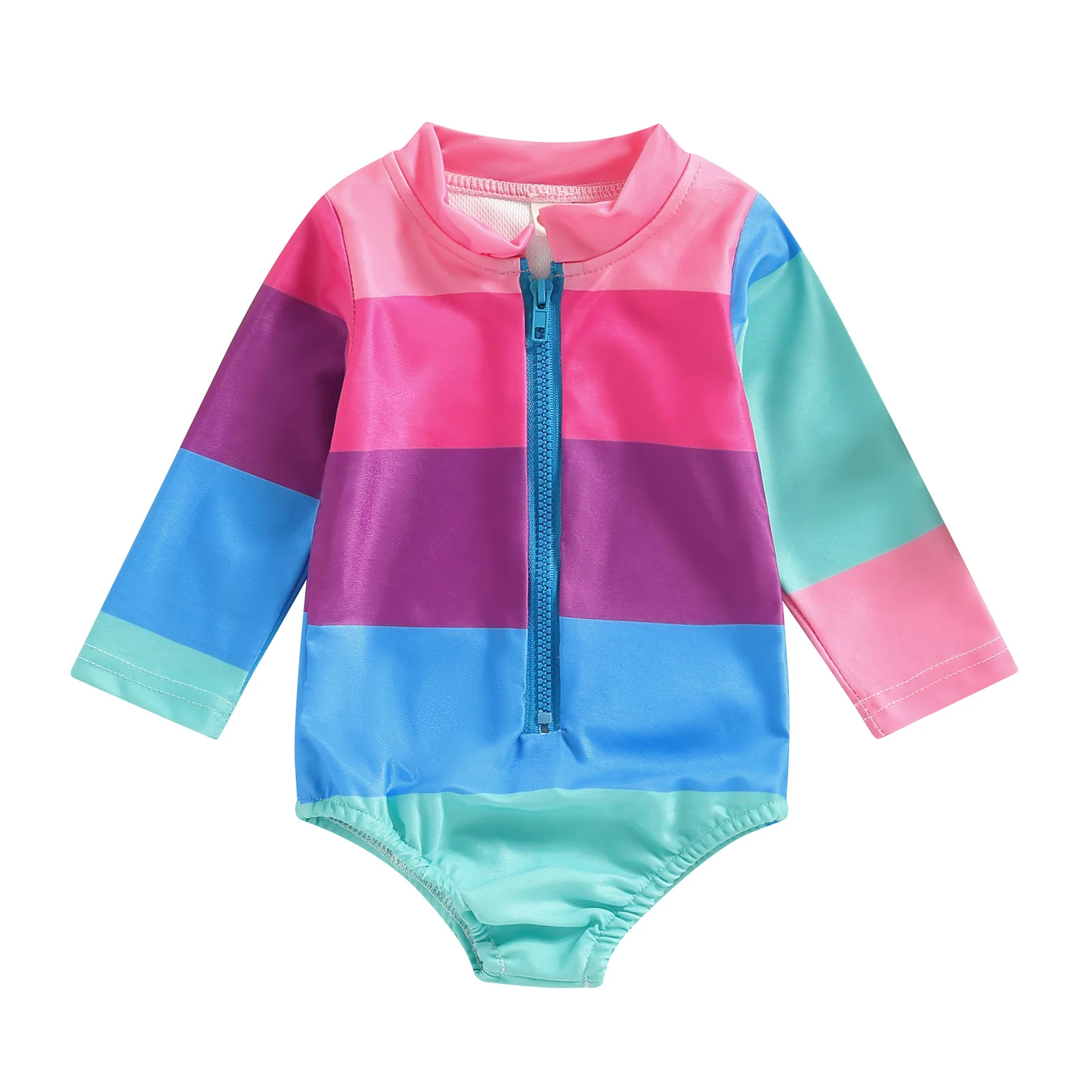 Girls One-piece Rainbow Swimsuit Kids Cartoon Print Sun-protective Long Sleeve Quick-Dry Triangle Swimwear Baby Bathing Suit