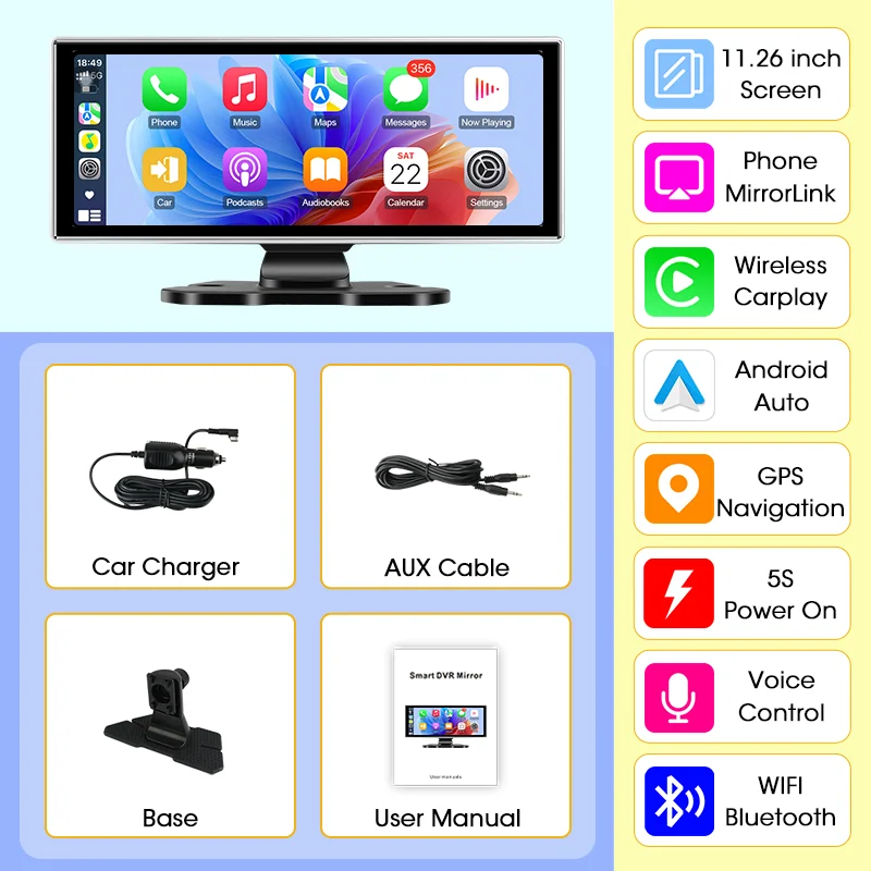 11,26 inch auto intelligente systemen multimedia videospeler draagbare autoradio draadloze CarPlay Android auto schermaccessoires