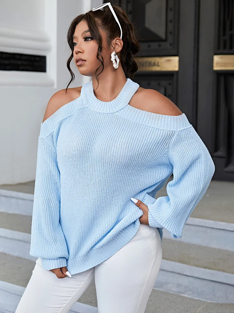 ONELINK Sky Blue Knit Pullover Sexy Halter Neck Hollow Out Off Shoulder Plus Size Women\'s Sweater Long Sleeve