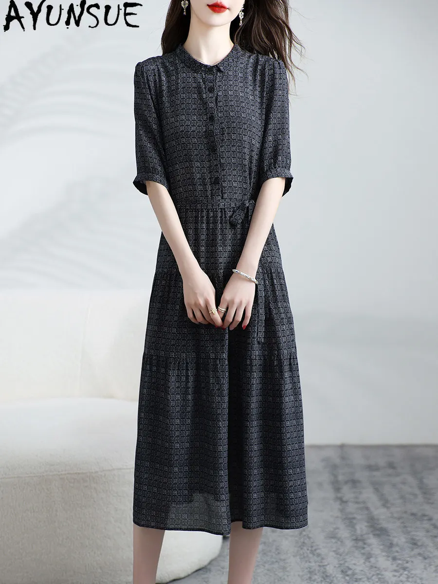 AYUNSUE 100% Mulberry Silk Party Dress Women Clothing Elegant Womens Dresses Waist Vintage Summer Dress Commute Платье Женское