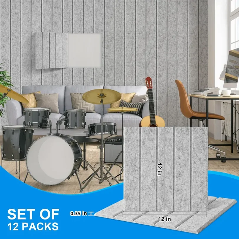 12 Pack 300x300x9mm Square Self-Adhesive Acoustic Panel Sound Proof Vertical Stripe Panels for Wall Ceiling Acoustic Treatment