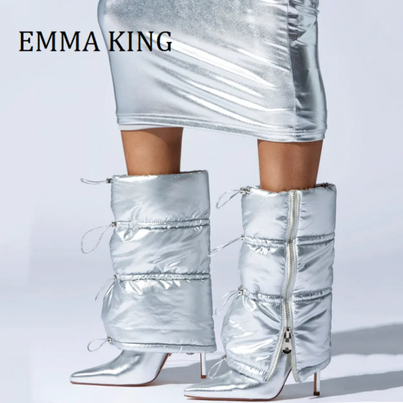 Damen Silber Puffer Bootie Sexy Spitze Zehen Stiletto Absatz Mittelkalb Stiefel Metallic Leder Knöchelreißverschluss Stiefel Mode Winterschuhe