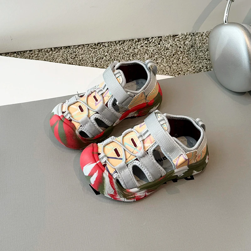 Summer New Baby Camouflage Sandals Boys Sports Sandals With Zebra Stripes Girls Fashion Candy Color Hollow Cloth Shoes
