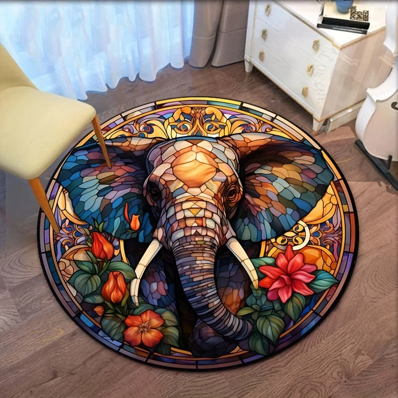

Round Crystal Velvet Rug Elephant Stained Glass Art Floral Pattern Floor Mat Home Decor Living Room Bedroom Carpet VibrantDesign
