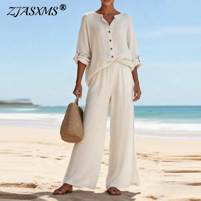 

Весенний комплект женской одежды из хлопка и льна: элегантный топ с длинным рукавом на одной пуговице и брюки с высокой талией, повседневный уличный стиль