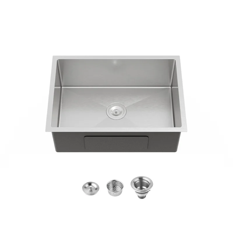 

Brushed Nickel Undermount Kitchen Sink, 27" x 19", Single Bowl, Handmade, US Standard Drain & Hook