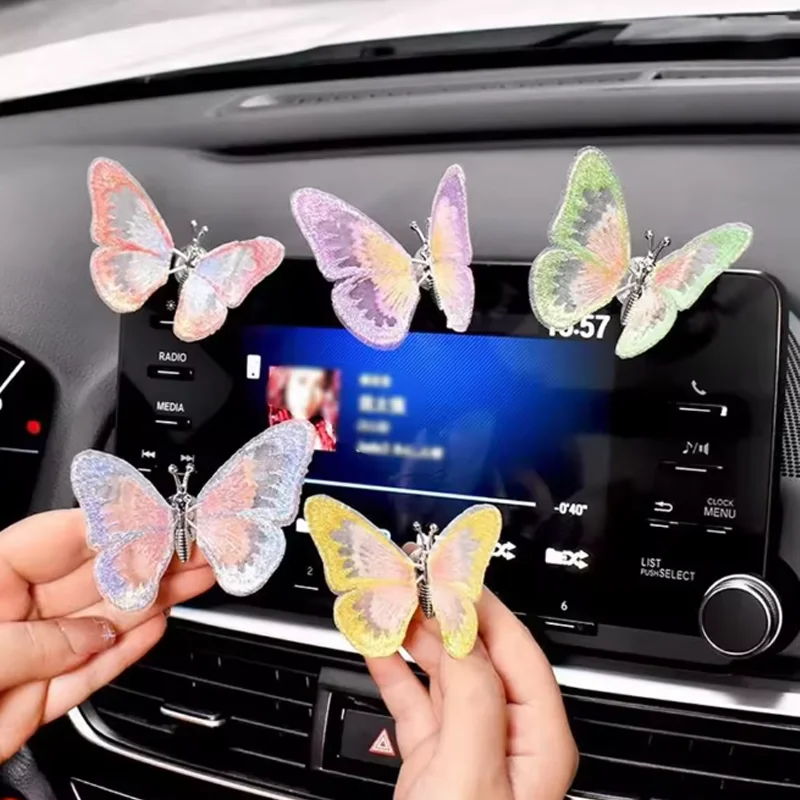 Embroidered Butterfly Air Vent Clip Ornament, Dynamic Swing Fabric Car Interior Decor, Delicate Center Console Auto Accessory fo