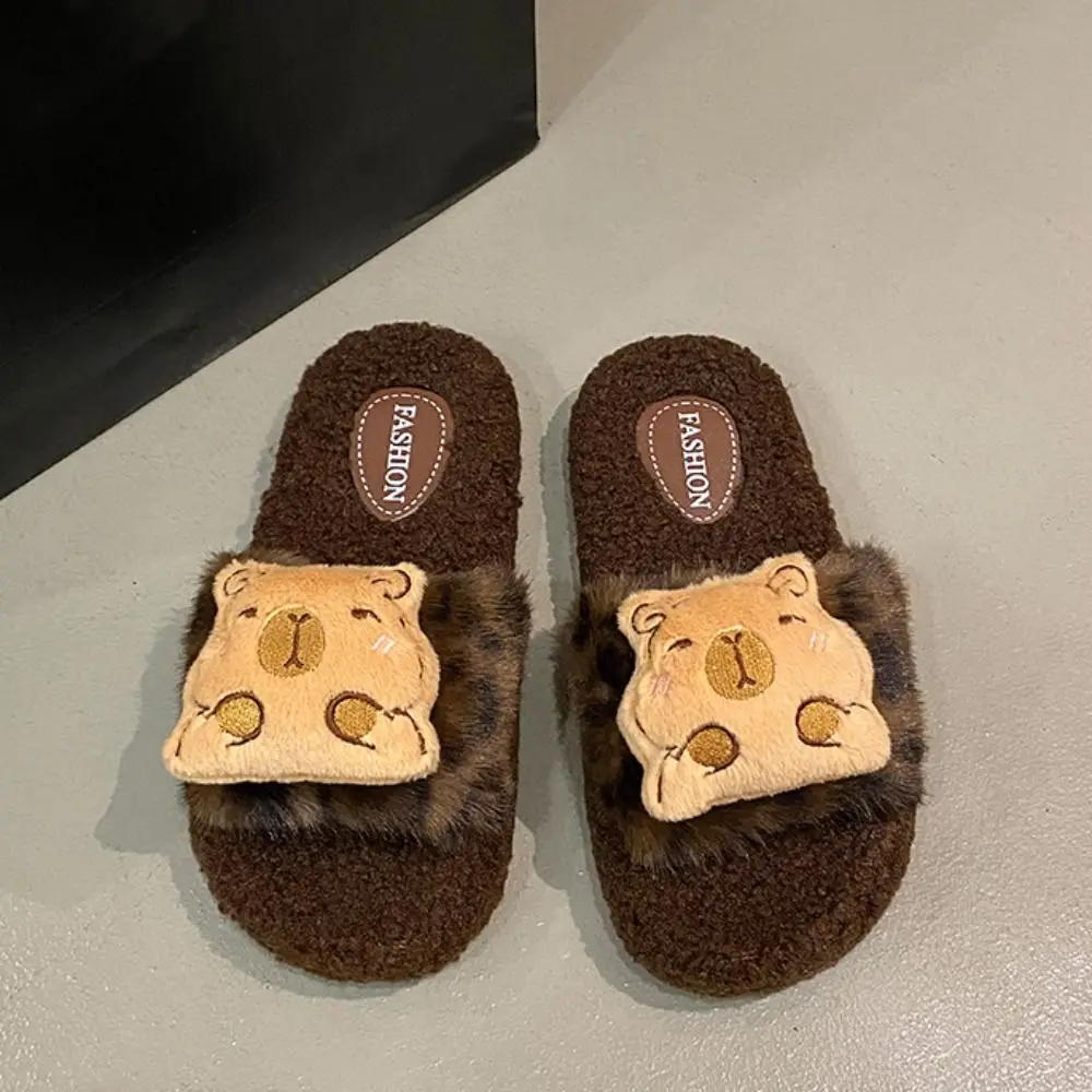 Fluffy Capybara Plush Slippers Cartoon Thicken Warm Capybara Dolls Slippers Home Wear Anti-slip Plush Leopard Slippes Women