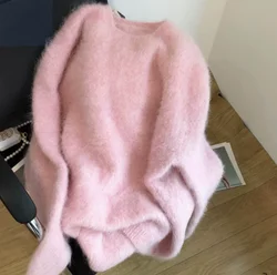 Lazy Style Pink Soft Mohair maglione allentato lavorato a maglia nuovo autunno inverno donna O collo manica lunga spessa calda Pullover femminile top