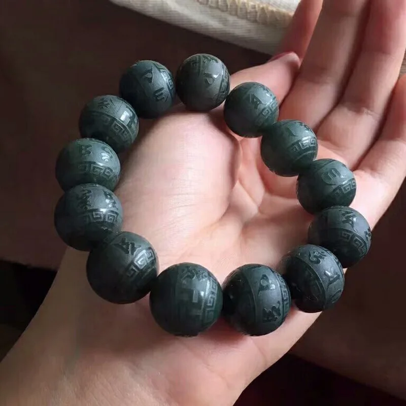 Natural  Qingyu Six word truth Bead Jade Bracelet Jewelry Fine Jewelry Lucky Safety Auspicious AmuletJade Bracelet