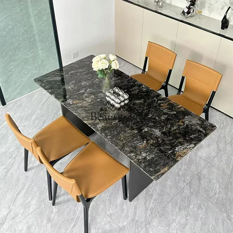 

yj5Natural marble dining table Italian light luxury rectangular luxury stone dining table