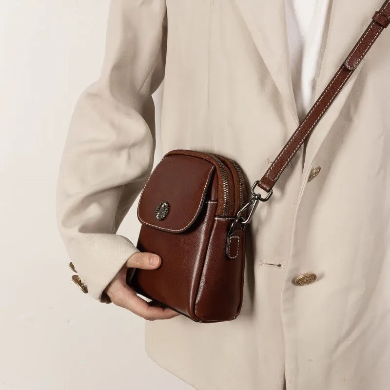 Genuine Leather Women\'s Shoulder Bag Vintage Solid Color Simplicity Cowhide Crossbody Bags Double Zipper Phone Bag 1218