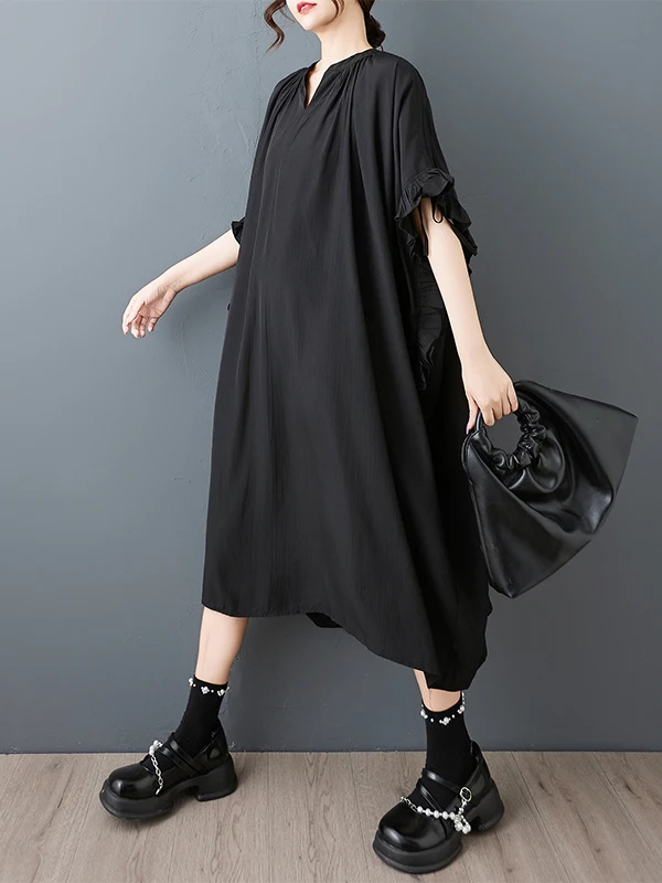 Sommer Neue plus Größe Lose V-Ne Batwing Sve Dr Abnehmen Bauch Bedecken Personali Lange Dr Casual Sle Midi Rock