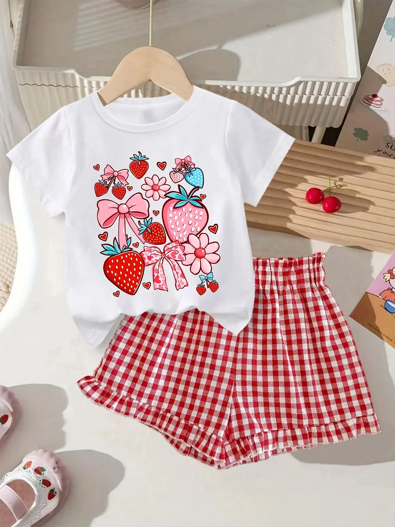 Girls' Summer Casual Shorts Set: Cute and Sweet Strawberry Bow Print T-Shirt Paired with Red Plaid Shorts Two-Piece Set, Red and White Combination, Suitable for Girls Aged 4-12, Versatile Clothing for Home and Outings