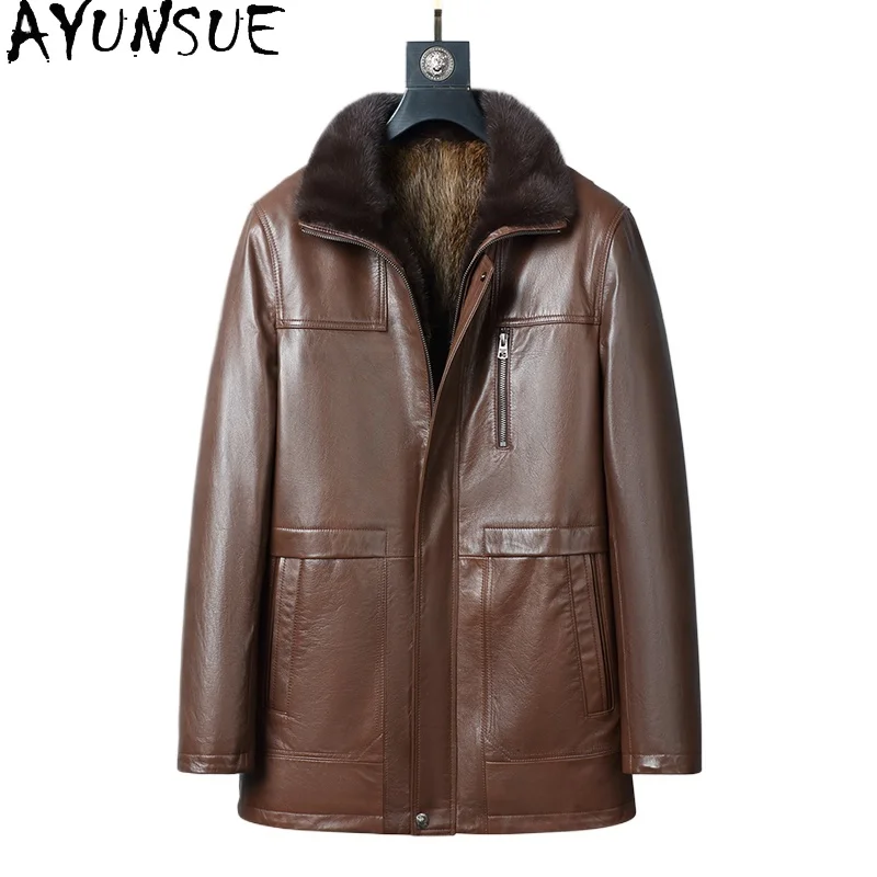 AYUNSUE Real Cow Leather Jackets for Man Luxury 2025 Winter Mink Fur Liner Jacket Men Warm Mid-length Trench Fur Coats Lapel
