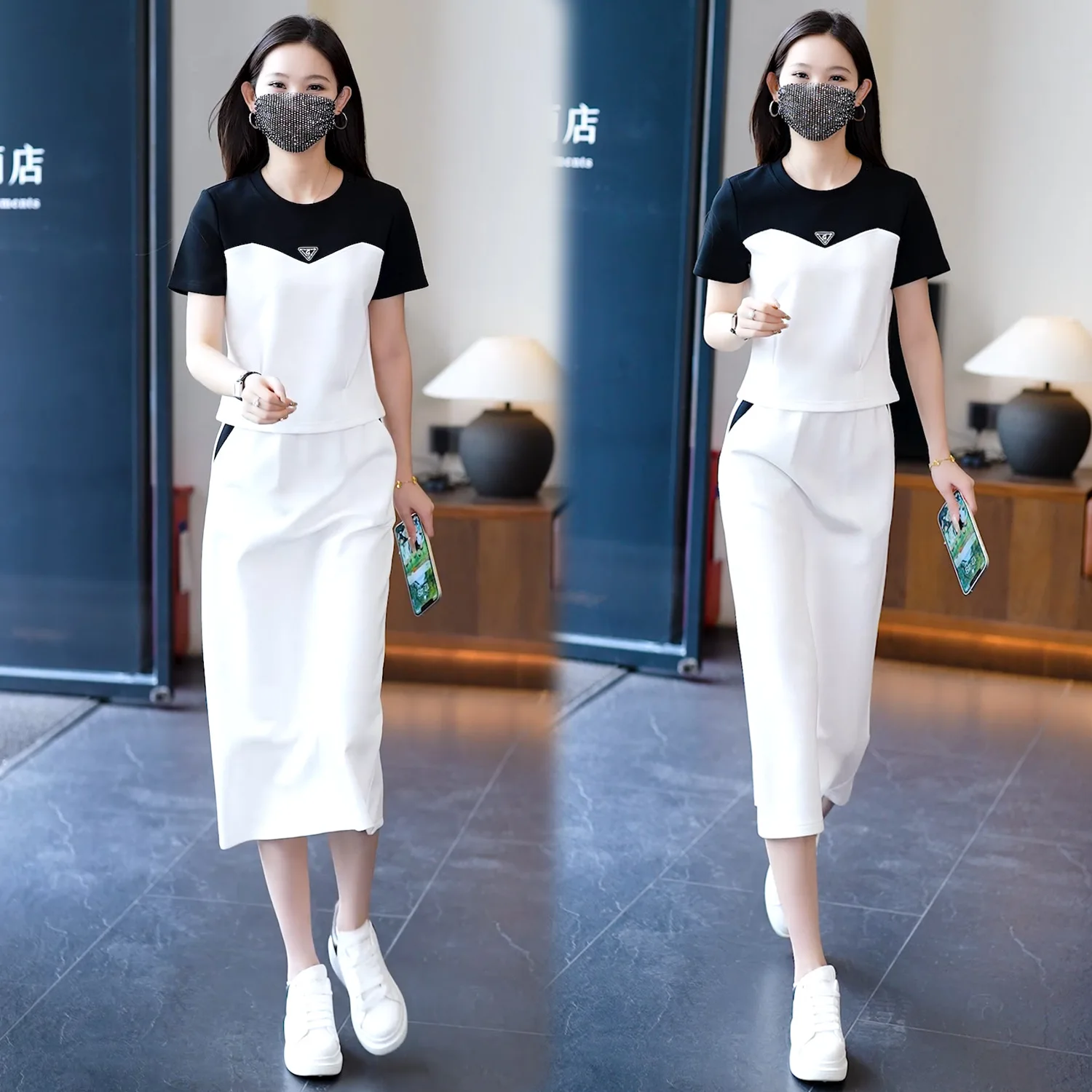 Sports and Leisure Dress Women's Two-piece Set 2024 Summer New Fashion Age-reducing Short-sleeved Medium and Long Skirt Set