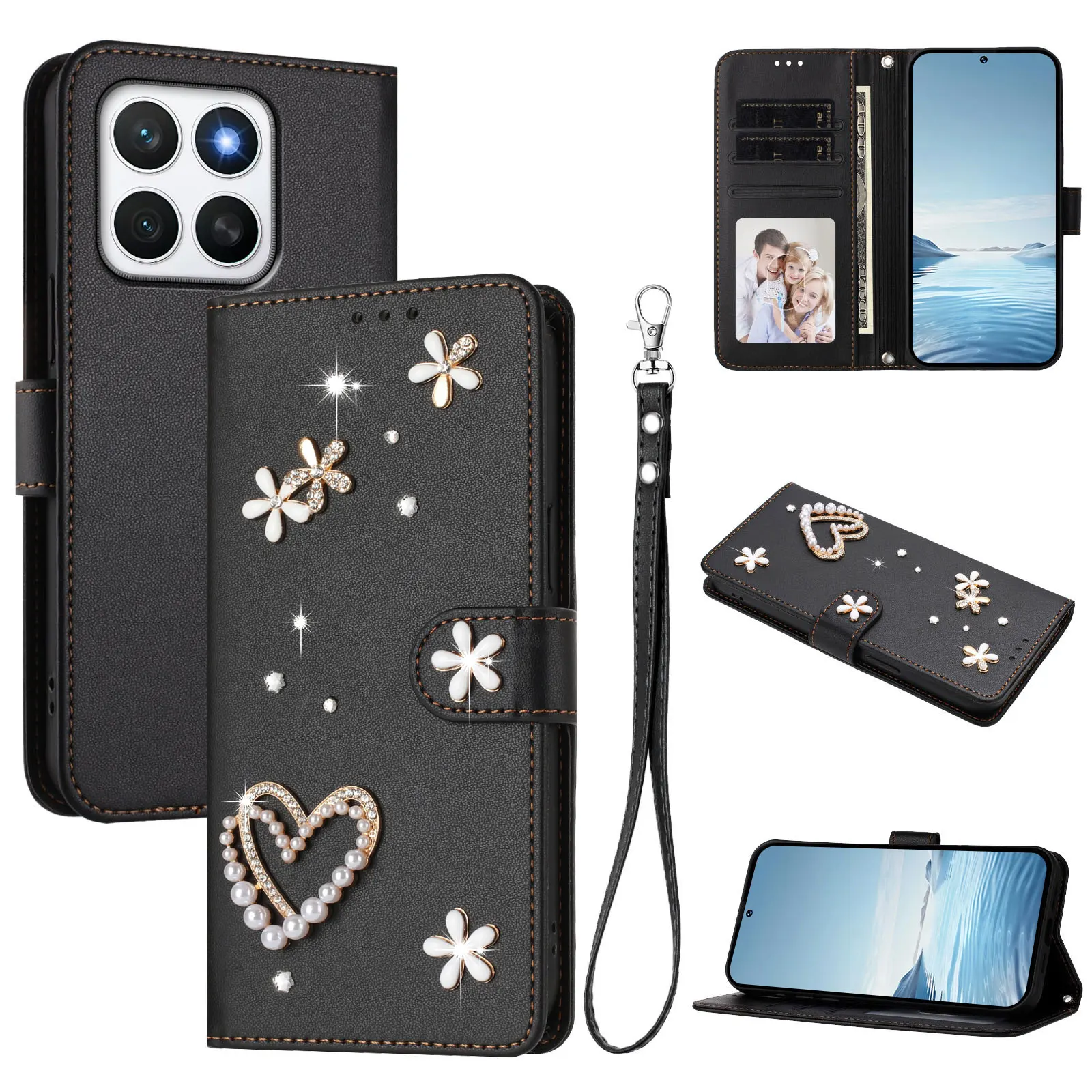 Glitter Jewelled Lanyard Leather Phone Case For Samsung Galaxy Wide 7 6 5 A Quantum6 4 Buddy 3 Jean 2 Jump Wirst 3 Cards Cover