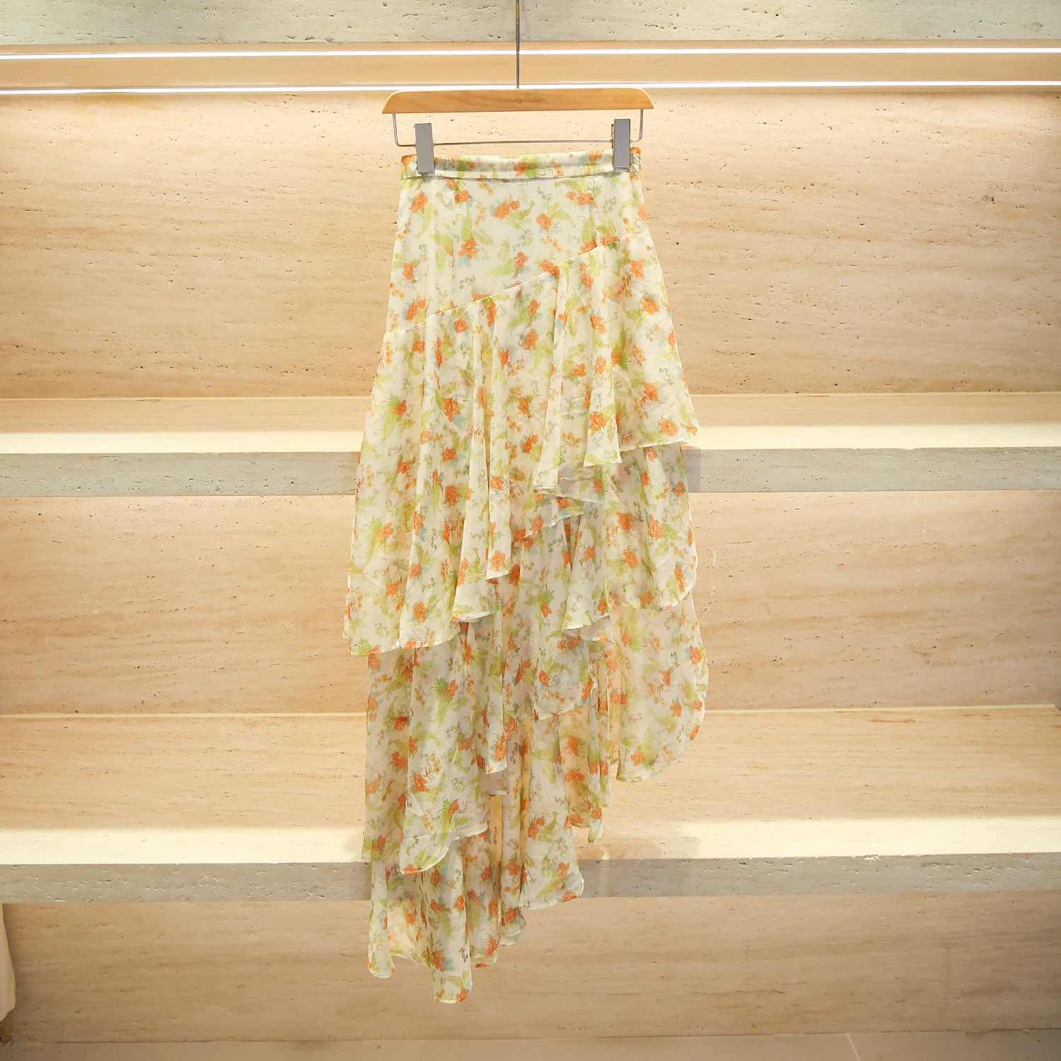 

High Waist Midi Skirt Asymmetrical Hem Floral Print Chiffon f-length Women's Skirt Commute Sle Simple Design A-Line Skirt