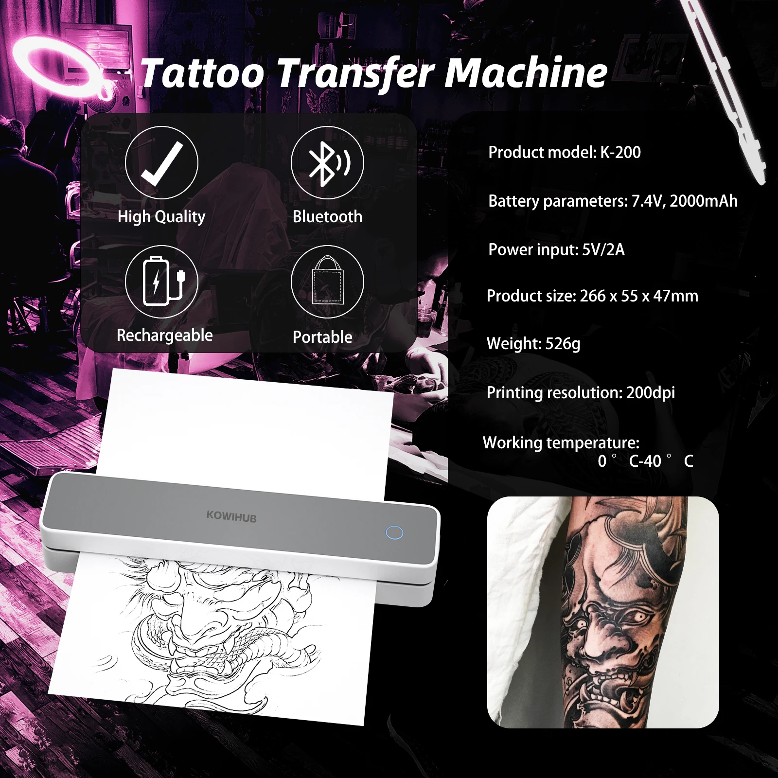 Impresora de transferencia de tatuajes inalámbrica K200, papel de transferencia de tatuajes móvil térmico, Bluetooth, portátil, mayor claridad