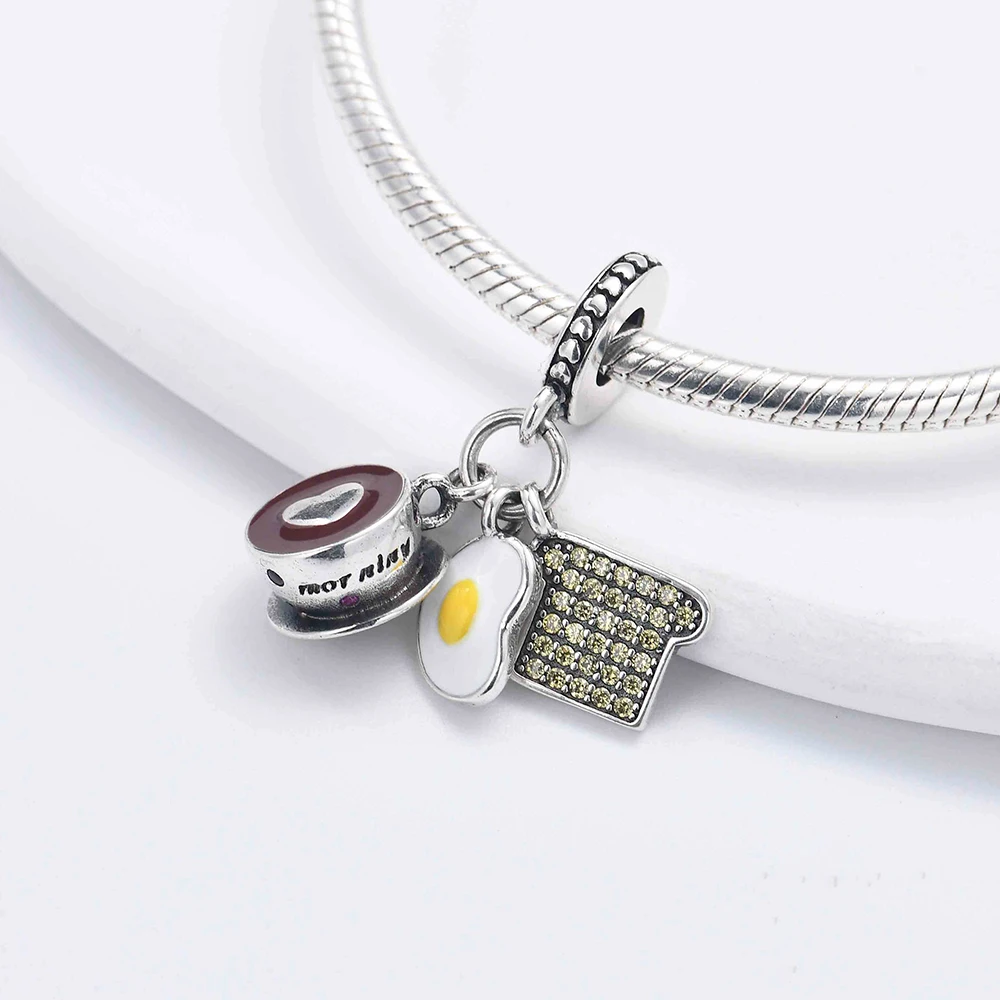 New 925 Sterling Silver Coffee Cup Cake Teapot Charm of ley 925 Chain Beaded Fit Original Pendant Bracelet DIY Ladies Jewelry - view 3