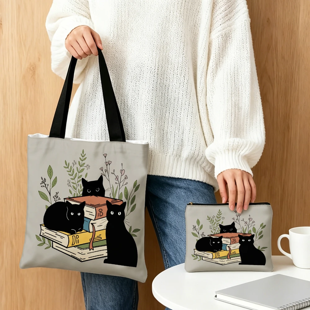 

Handbag Black Cats With Books And Plants Tote Bags And Makeup Bag Combination For Book Lovers And Cat Enthusiasts Portable Pouch
