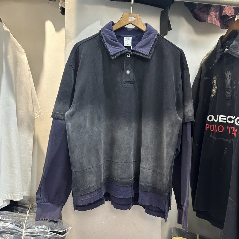 

Фальшивая рубашка-поло из двух предметов с длинным рукавом, винтажная футболка для мужчин и женщин, повседневная свободная лоскутная футболка с двойным вырезом, одежда