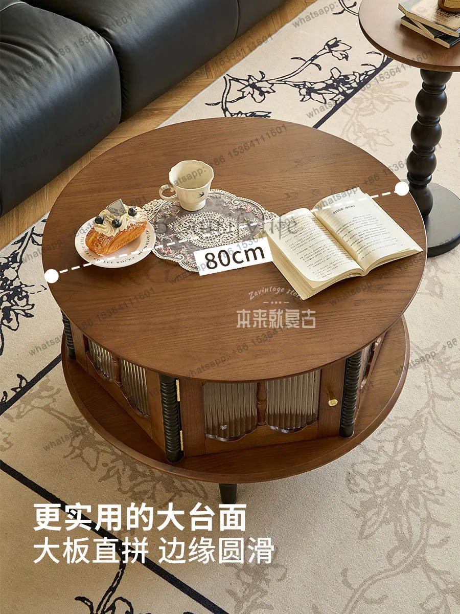 Customizable New Changhong Glass Round Table, French Vintage Solid Wood Round Coffee Table Combination, Small Apartment, Home Us